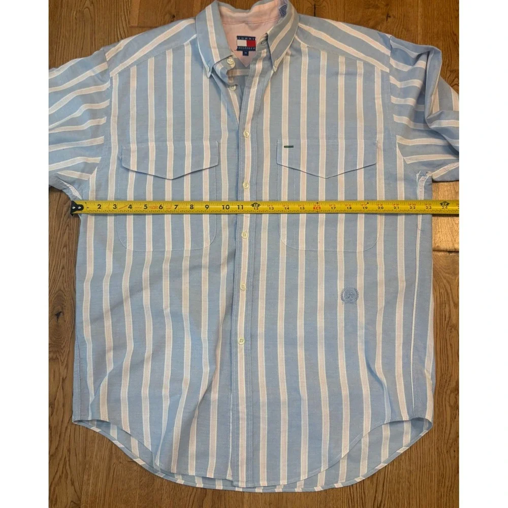 Vintage Tommy Hilfiger Men's M Blue Pink Stripe Button Down Crest Logo 90s